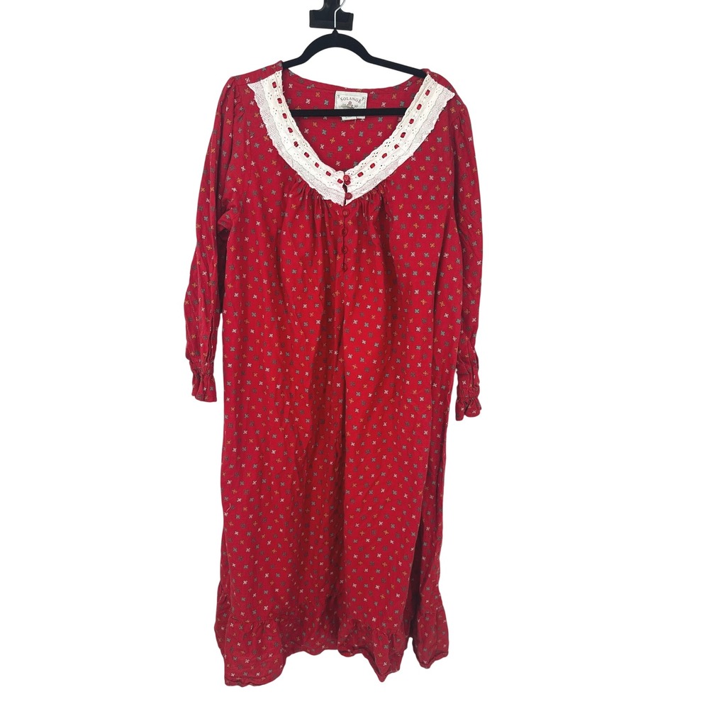 Vintage Solange Country Nightgown Womens 22/24 Red Lace Trim Prairie Grannycore
